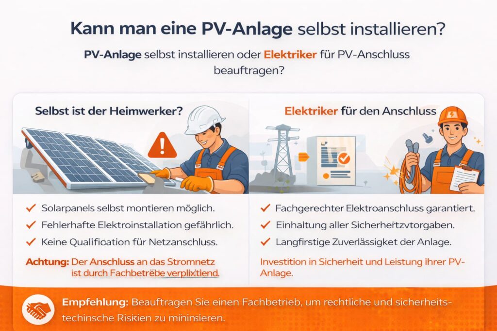 Kann man eine PV-Anlage selbst installieren? – PV-Anlage selbst installieren oder Elektriker für PV-Anschluss beauftragen?