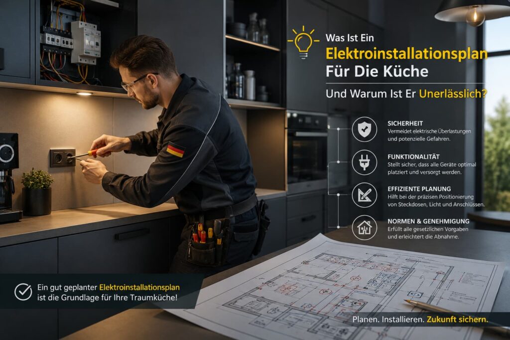Elektriker erstellt Elektroinstallationsplan für eine moderne Küche