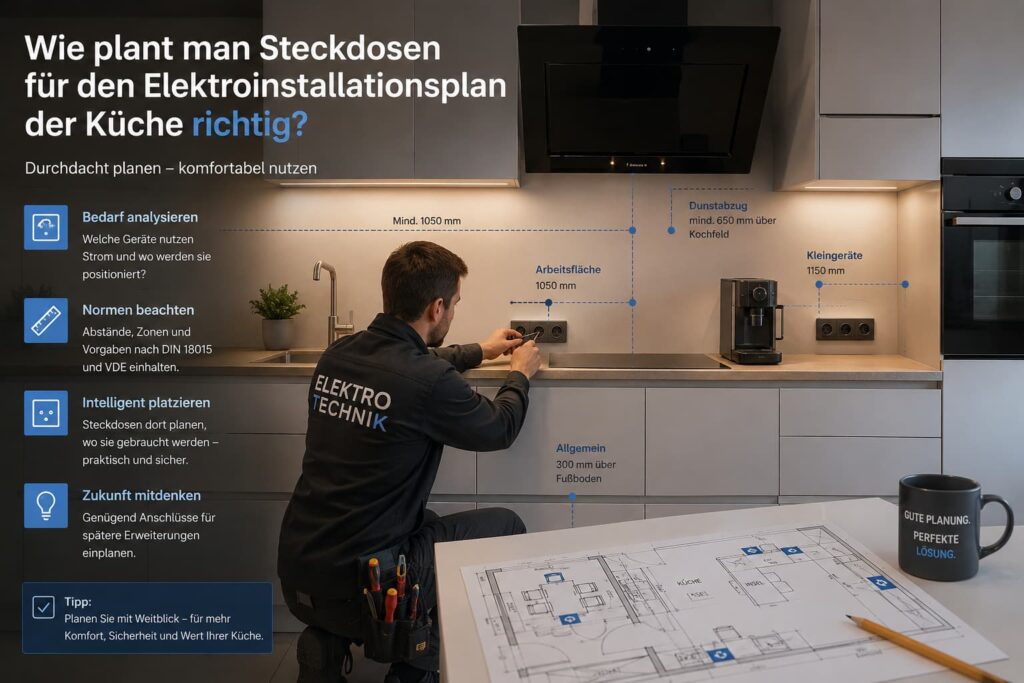 Elektriker plant Steckdosen in einer modernen Küche
