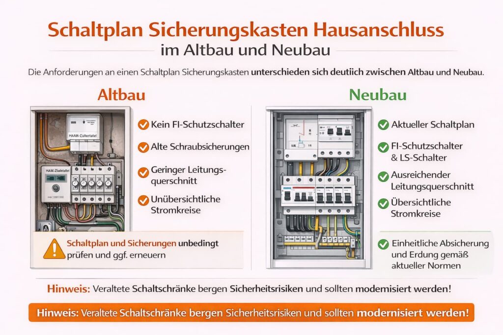 Schaltplan Sicherungskasten Hausanschluss im Altbau und Neubau