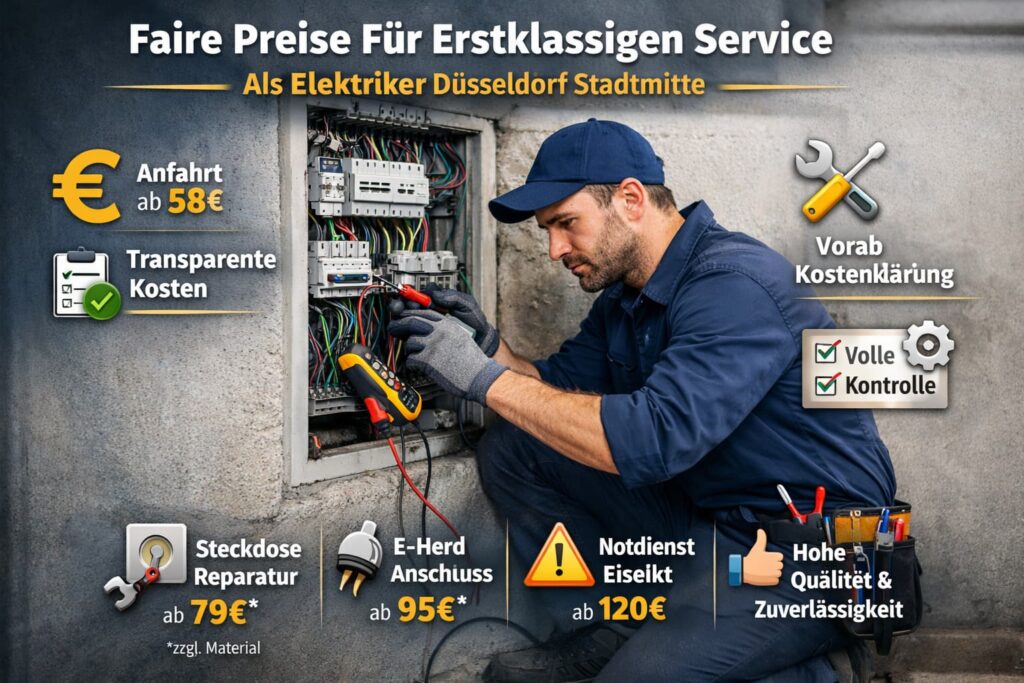 Elektriker bei der Reparatur eines Sicherungskastens mit transparenten Preisangaben und Service-Icons