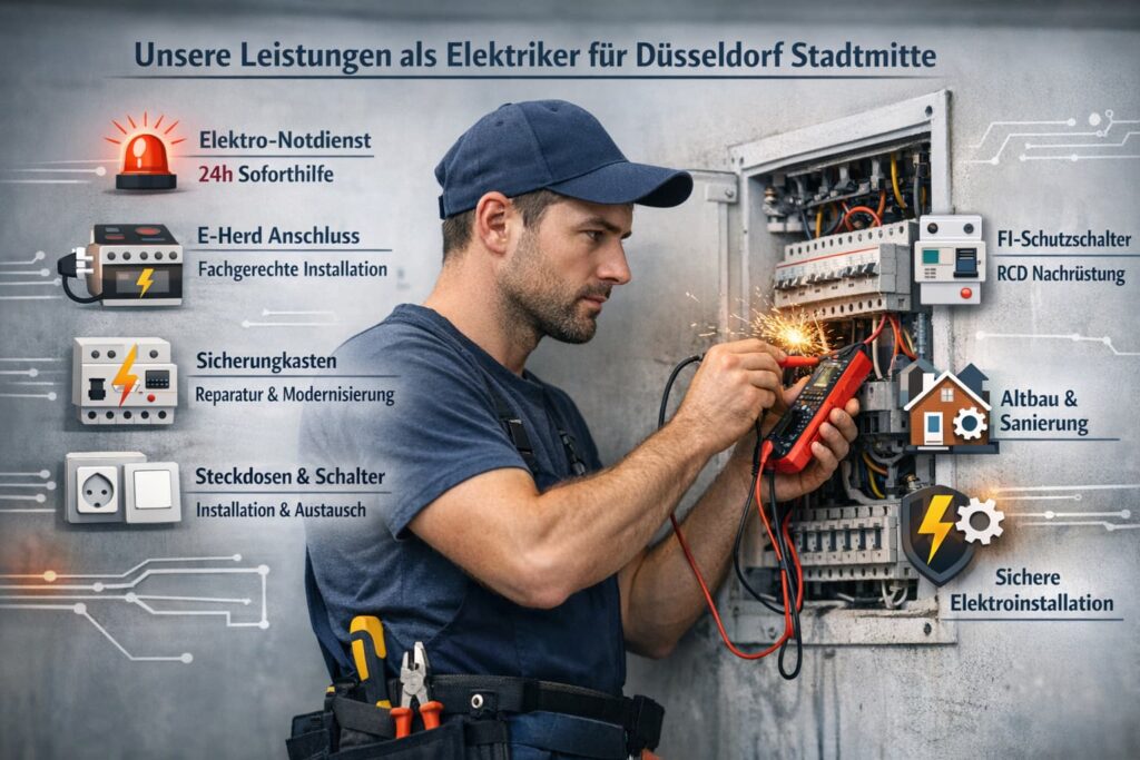 Elektriker repariert professionell einen Sicherungskasten mit Messgerät und Werkzeug in moderner Umgebung