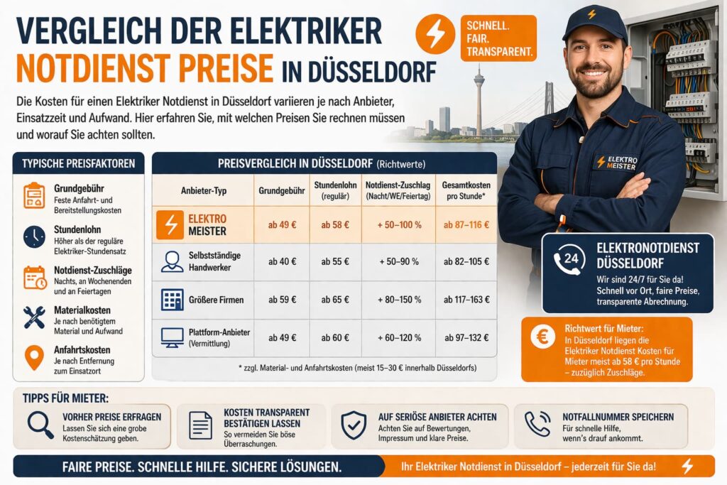 Vergleich der Elektriker Notdienst Preise in Düsseldorf