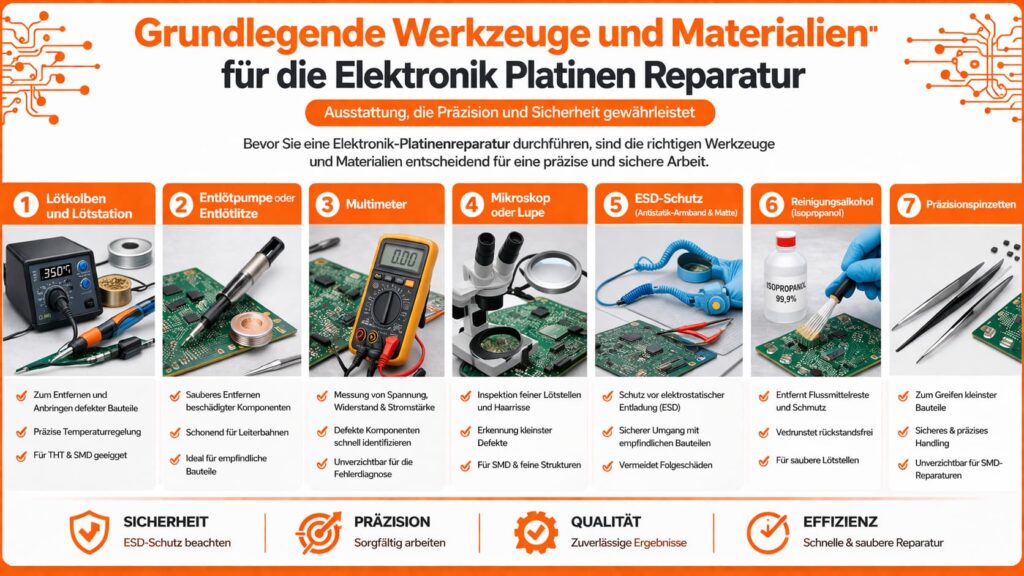 Grundlegende Werkzeuge und Materialien für die Elektronik Platinen Reparatur
