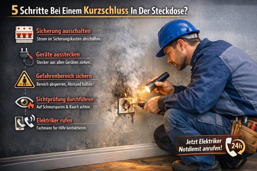 Elektriker repariert eine beschädigte Steckdose mit Funken, daneben Sicherheitsschritte mit Symbolen auf einer Wand angezeigt