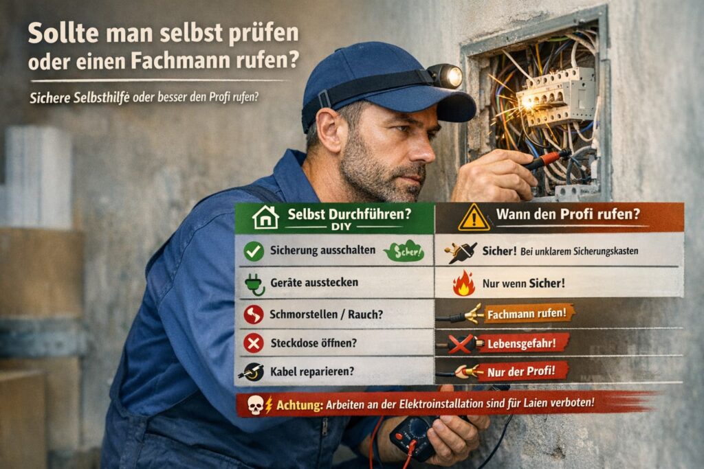 Elektriker prüft Sicherungskasten und arbeitet an Verkabelung mit Warnsymbolen und Infografik zu sicheren Entscheidungen
