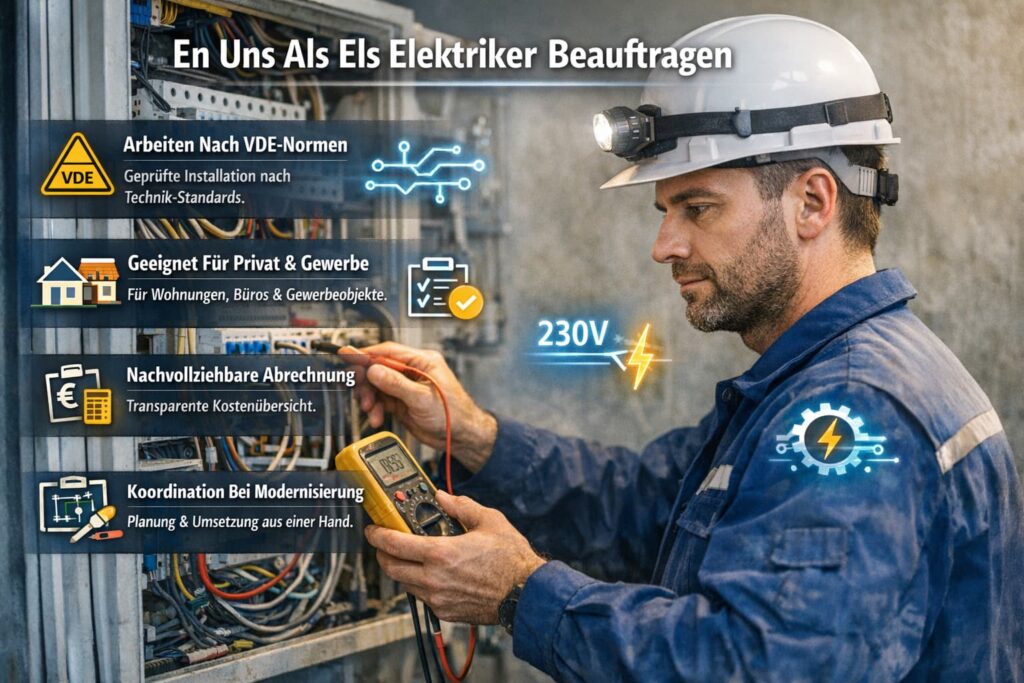 Elektriker prüft Sicherungskasten mit Messgerät – professionelle Elektroinstallation nach VDE-Normen