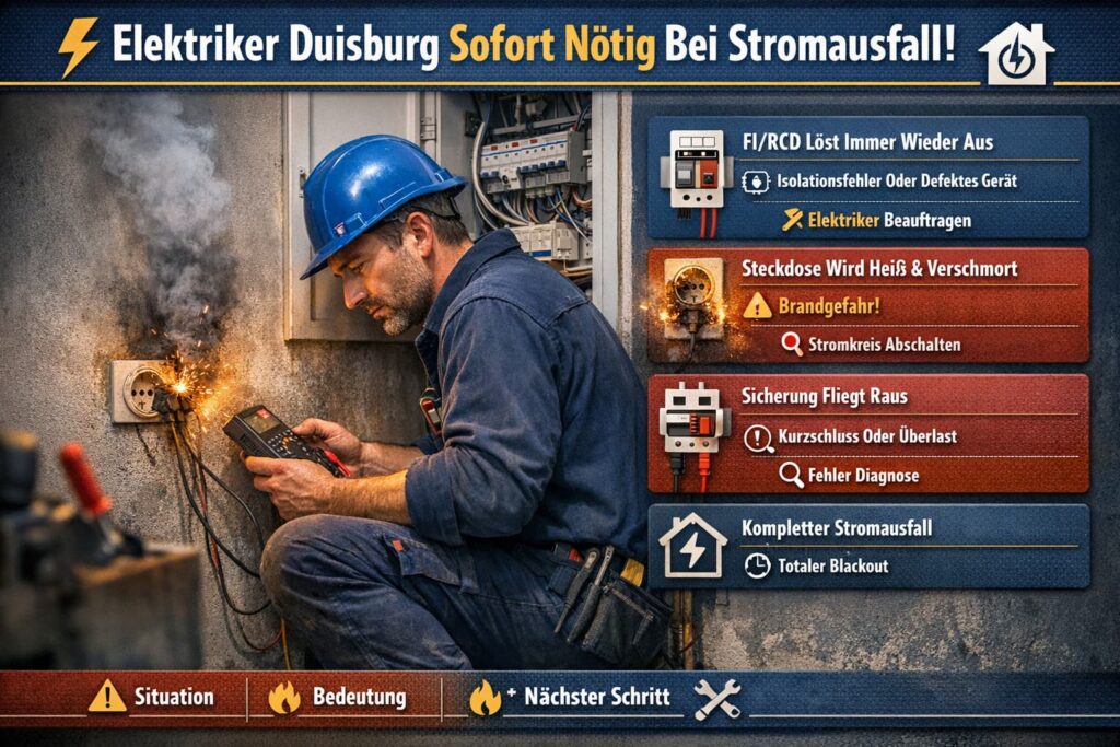 Elektriker in Duisburg repariert Stromausfall an Sicherungskasten mit Infografik zu typischen Elektroproblemen und Lösungen