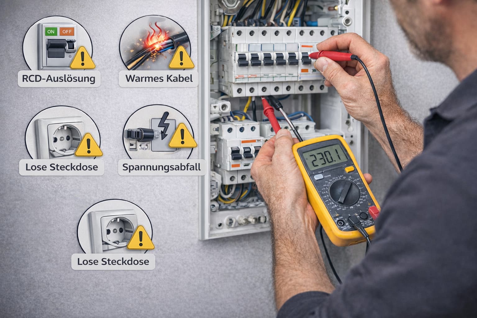 Elektriker Dormagen prüft Stromverteilung und misst Spannung im Schaltschrank