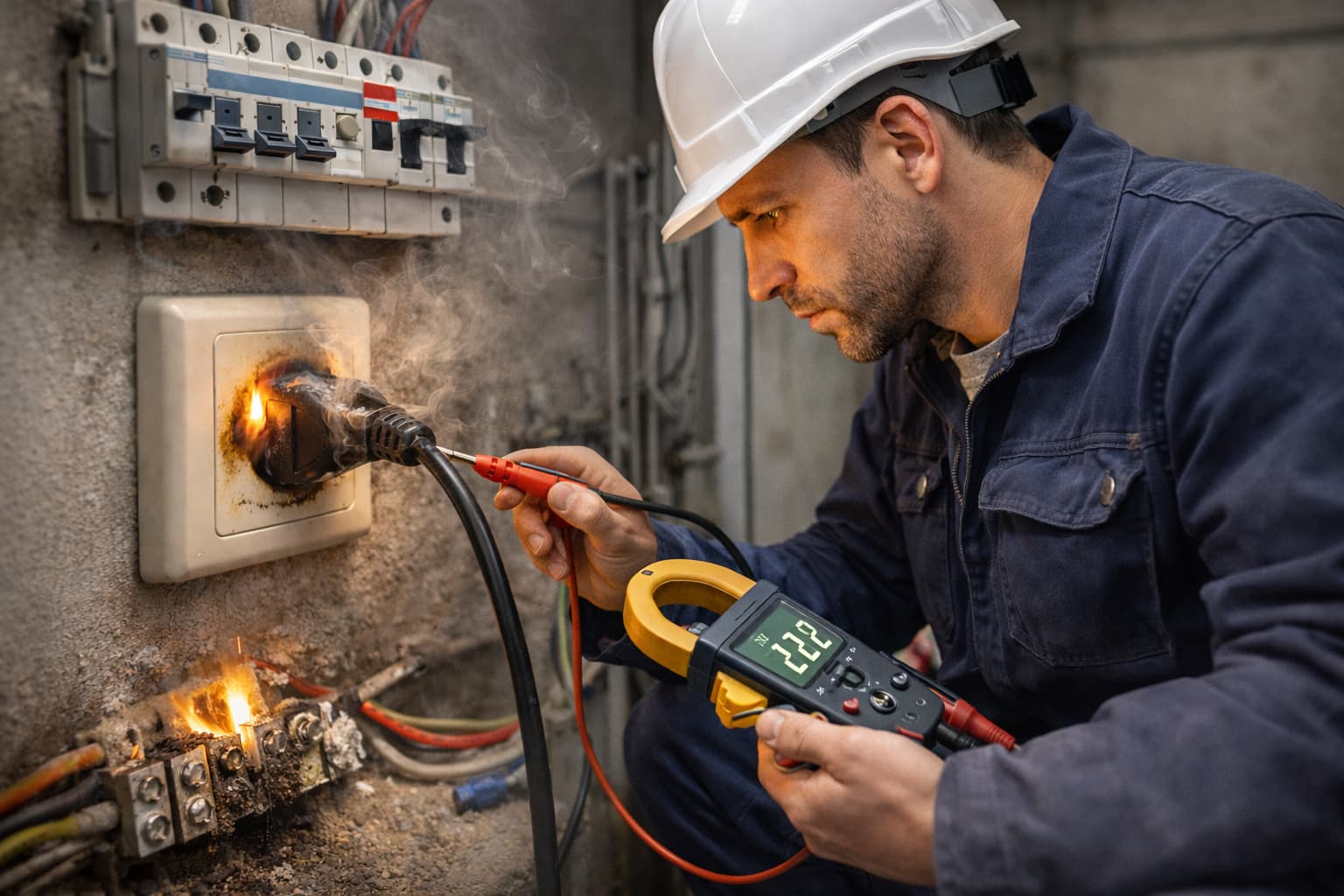 Elektriker bei der Fehlersuche an überhitzter Steckdose mit Messgerät in Grevenbroich