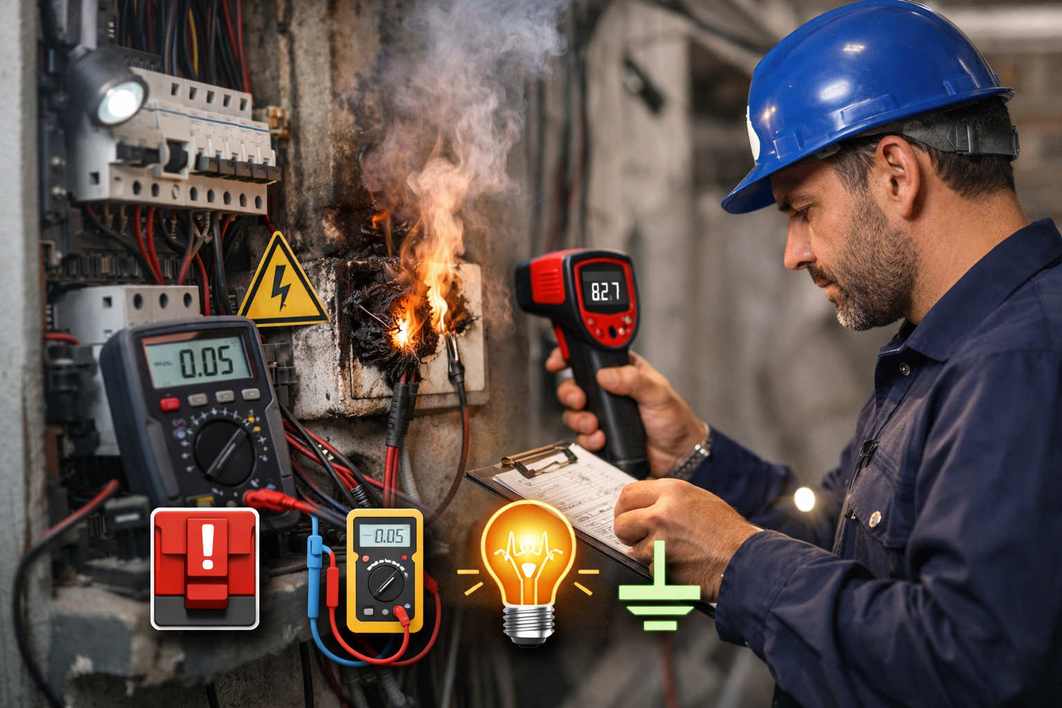 Elektriker in Grevenbroich prüft Sicherungskasten und Steckdose mit Messgerät.