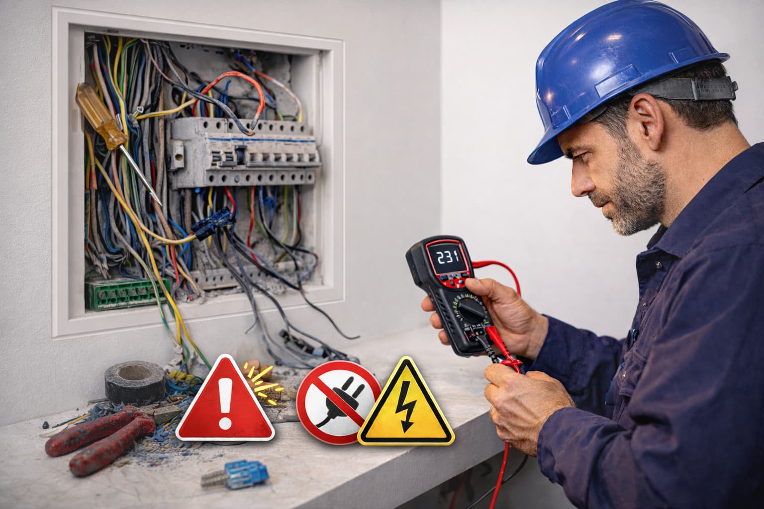 Elektriker in Duisburg prüft modernen Sicherungskasten an weißer Wand mit Multimeter und Warnsymbolen.