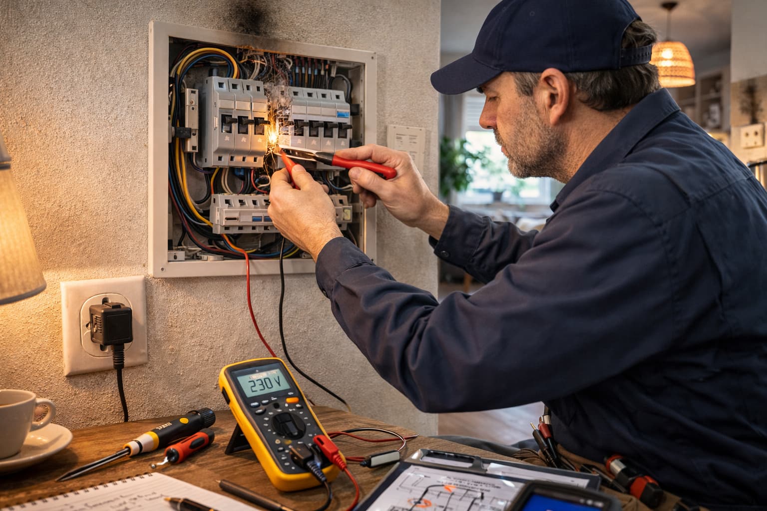 Elektriker Haan bei Diagnose von Stromausfall und Sicherung im Wohnhaus