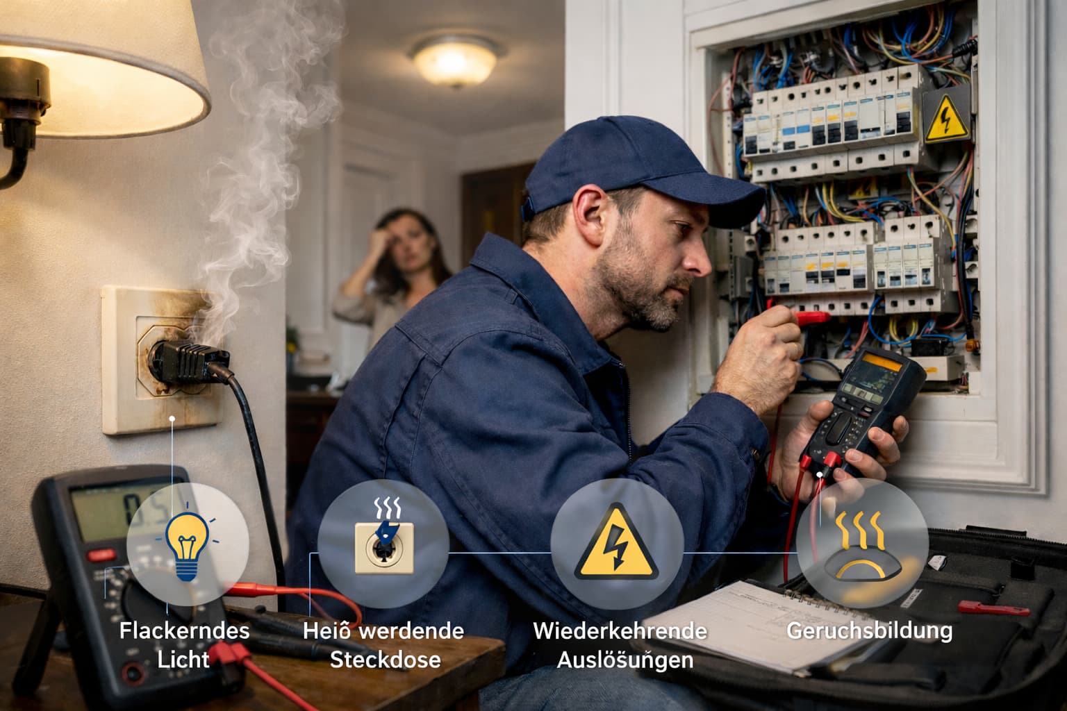 Elektriker Haan prüft Sicherungskasten bei flackerndem Licht und heißer Steckdose im modernen Wohnraum