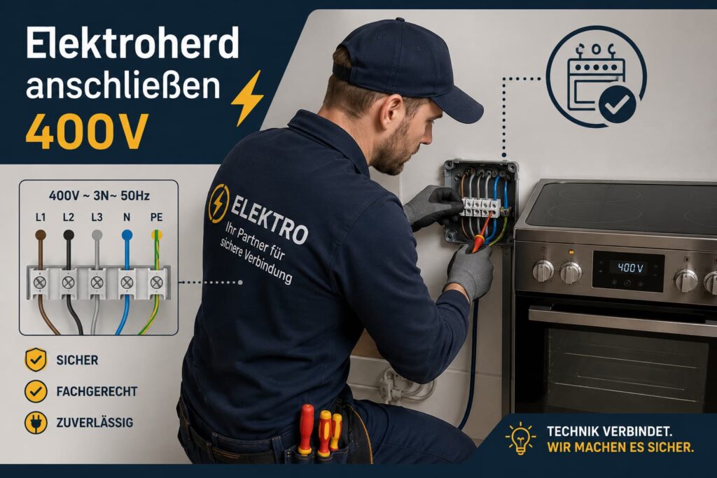 Professioneller Elektriker bei der sicheren Installation eines modernen Küchenherds.