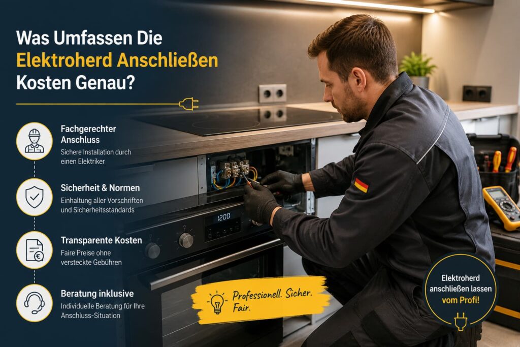 Elektriker schließt einen Elektroherd fachgerecht in einer modernen Küche an.