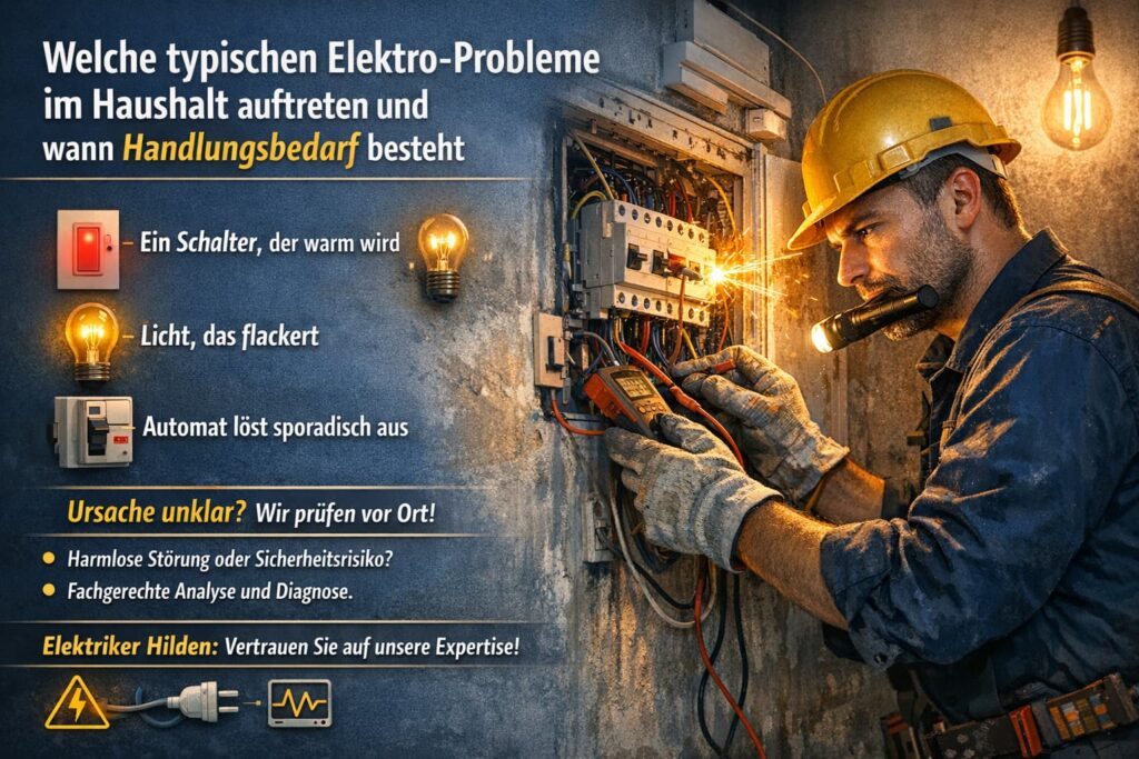Elektriker prüft Sicherungskasten mit Messgerät, typische Elektroprobleme im Haushalt.