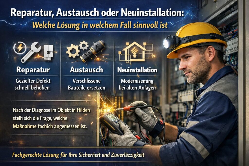 Elektriker im Schaltschrank mit Elektro-Icons: Reparatur, Austausch oder Neuinstallation.