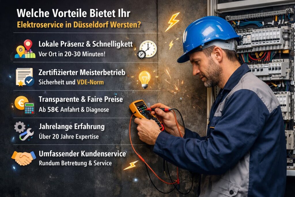 Elektriker prüft Sicherungskasten mit Messgerät, daneben Infografik mit Servicevorteilen und elektrischen Symbolen