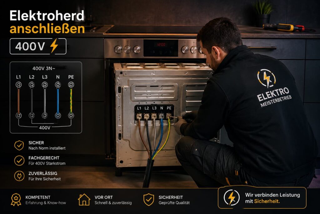 Elektriker bei der Installation eines modernen Küchengeräts in einer stilvollen Küche.