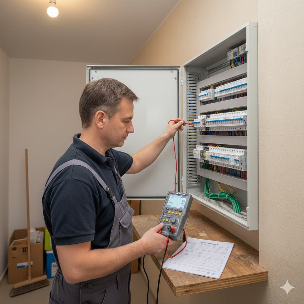 Elektriker repariert Stromkasten in Düsseldorf