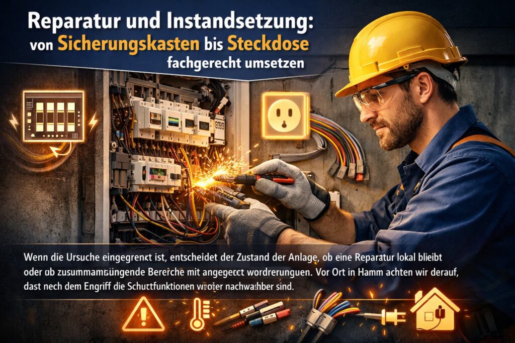 Elektriker repariert Sicherungskasten und Steckdose fachgerecht in Hamm.