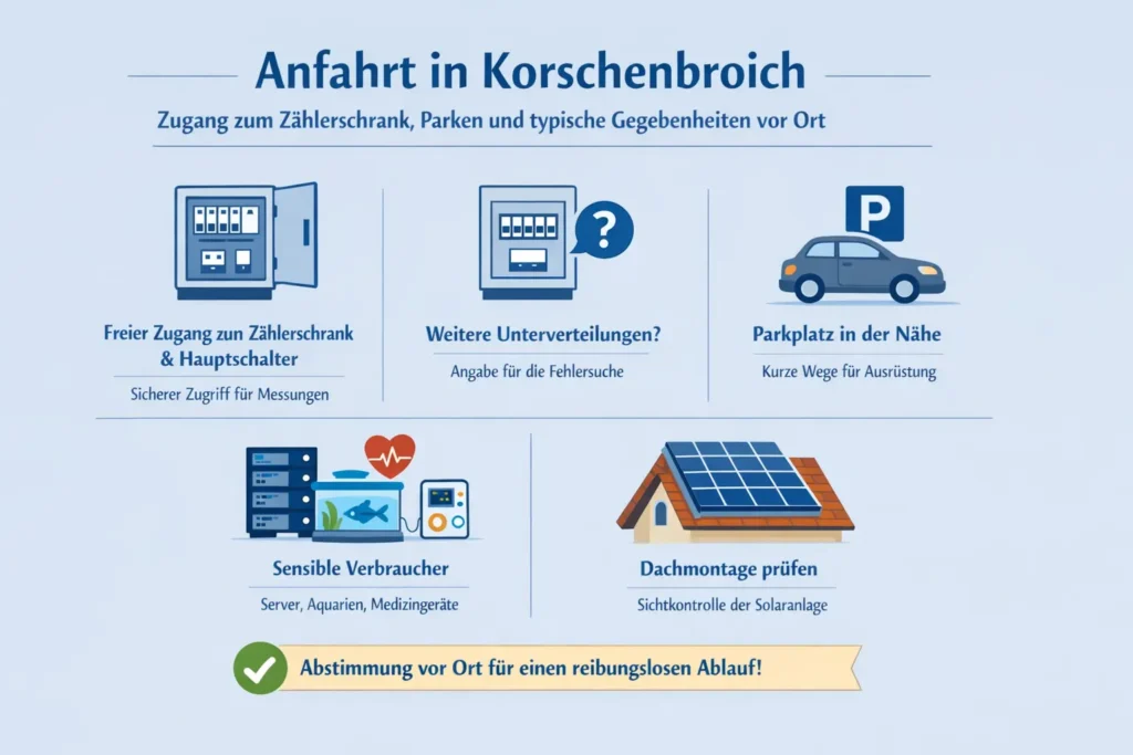 Anfahrt in Korschenbroich: Zugang zum Zählerschrank, Parken und typische Gegebenheiten vor Ort