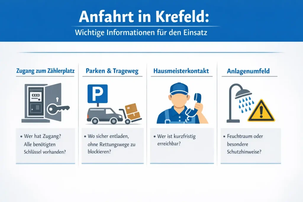 Anfahrt in Krefeld: Zugang zum Zählerplatz, Parken, Hausmeisterkontakt und Schlüsselregelungen
