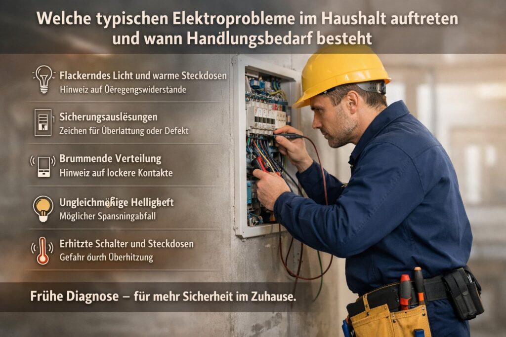 Elektriker prüft Sicherungskasten mit Messgerät – typische Elektroprobleme wie flackerndes Licht und ausgelöste Sicherungen im Haushalt.