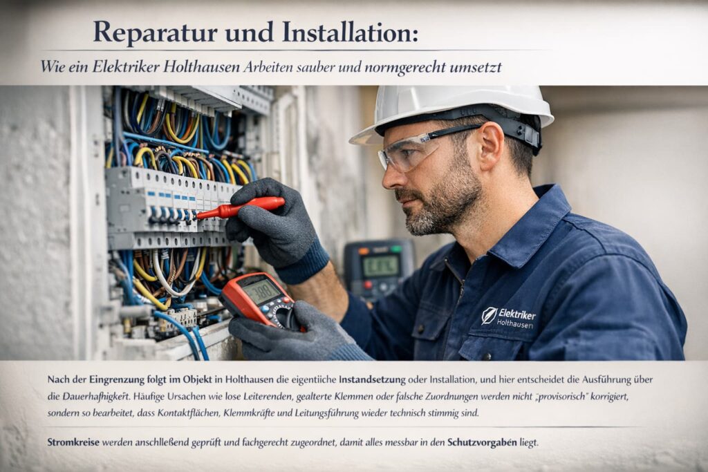 Elektriker in Holthausen prüft Sicherungskasten normgerecht mit Messgerät.