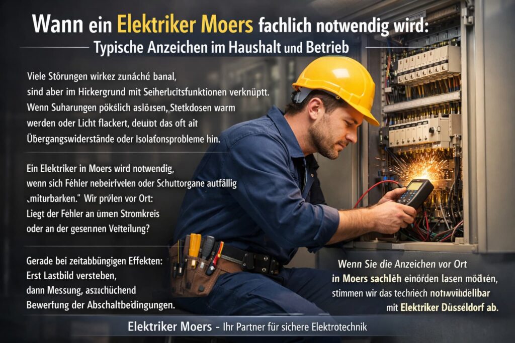 Elektriker in Moers prüft einen Sicherungskasten und misst elektrische Störungen im Haushalt.