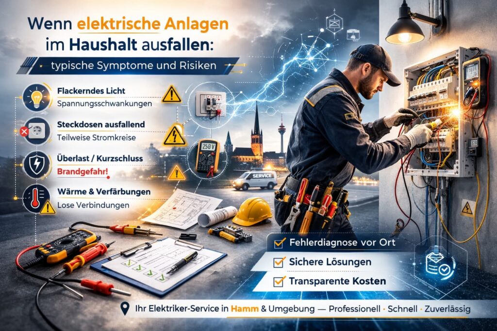 Elektriker prüft Sicherungskasten, elektrische Icons zu Symptomen und Risiken.