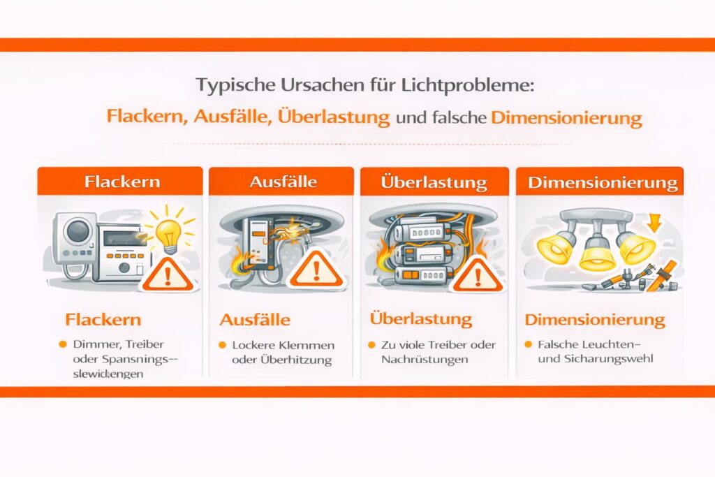 Typische Ursachen für Lichtprobleme: Flackern, Ausfälle, Überlastung und falsche Dimensionierung