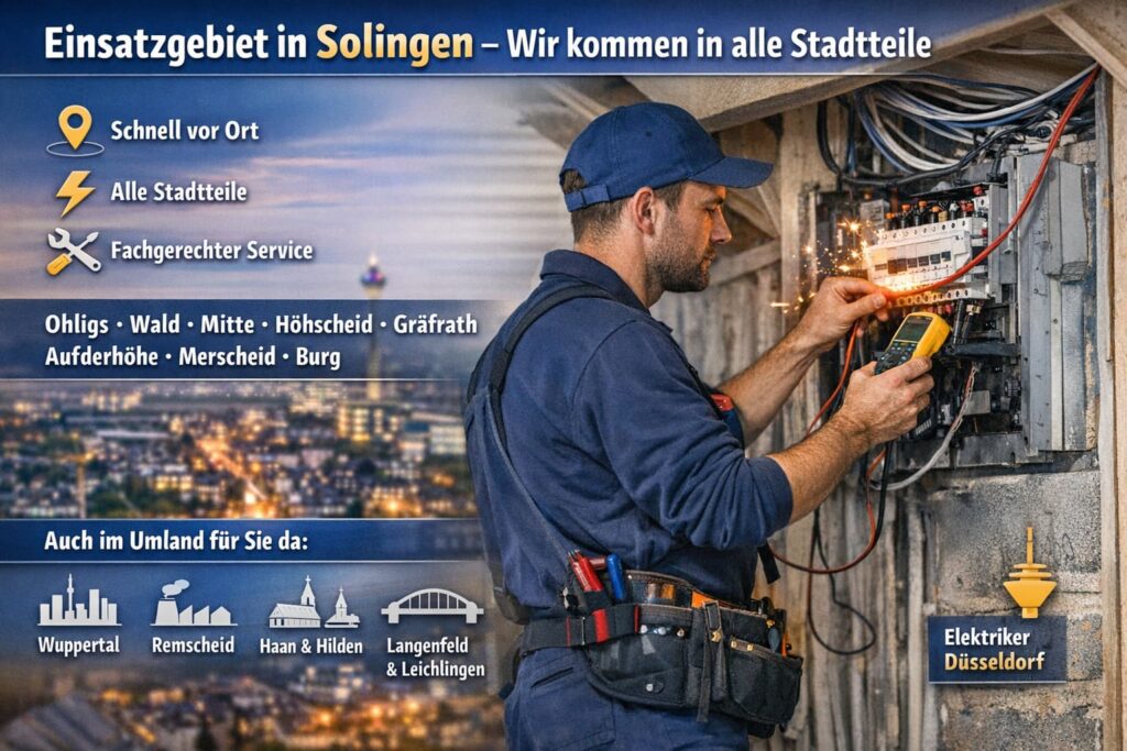 Elektriker in Solingen bei der Reparatur eines Sicherungskastens – Einsatz in allen Stadtteilen mit schnellem Service
