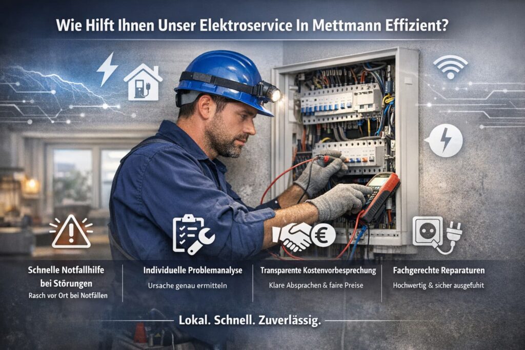 Elektriker prüft Sicherungskasten mit Messgerät, moderne Technik und Serviceübersicht mit Symbolen