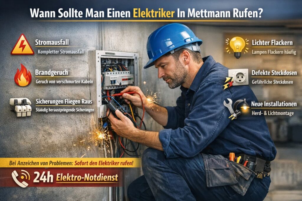 Elektriker repariert Sicherungskasten mit Werkzeug, umgeben von Symbolen für Stromausfall, defekte Steckdosen und flackerndes Licht