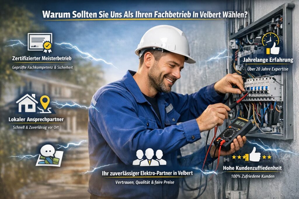 Elektriker prüft Sicherungskasten und behebt Störung mit Messgerät, umgeben von Service-Icons für Qualität, Erfahrung und Kundenzufriedenheit.