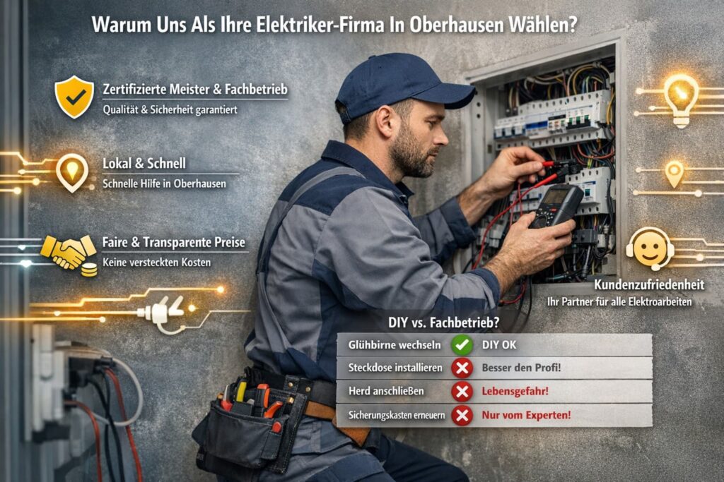 Elektriker prüft Sicherungskasten mit Messgerät und behebt ein elektrisches Problem in Innenraum mit Symbolen für Service, Sicherheit und Kundenzufriedenheit