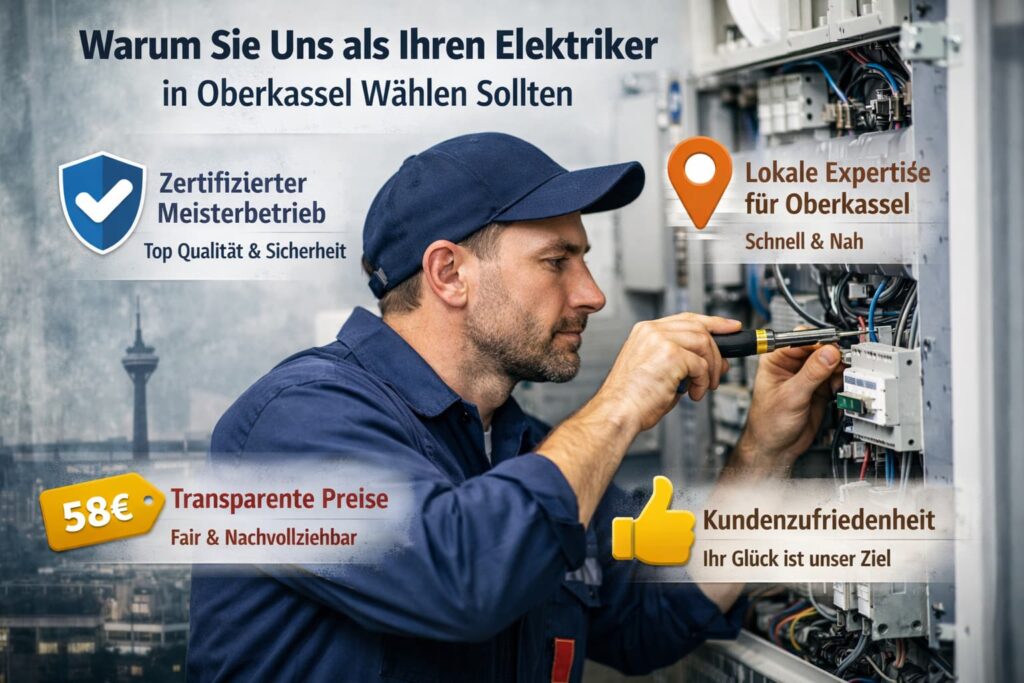 Elektriker bei der Reparatur eines Sicherungskastens mit Symbolen für Qualität, Preis und Service