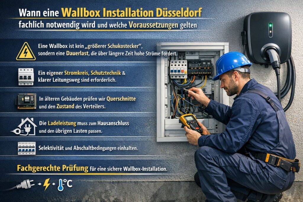 Elektriker installiert Wallbox in Düsseldorf und überprüft elektrische Anlage