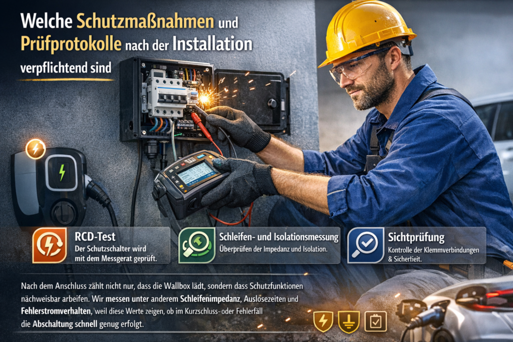 Elektriker prüft Wallbox Installation mit Messgerät und Sicherheitsprüfung in Deutschland