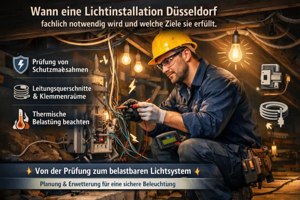 Elektriker repariert Lichtinstallation in Düsseldorf und prüft elektrische Leitungen und Beleuchtungssystem