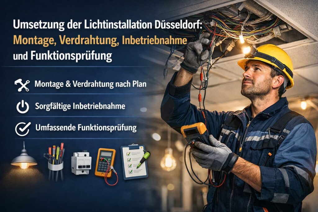 Elektriker prüft Lichtinstallation und Verkabelung bei der Elektroinstallation in Düsseldorf