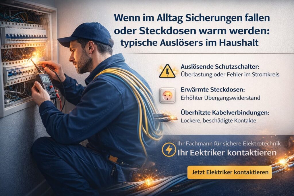 Elektriker bei der Fehlersuche im Sicherungskasten – Ursachen für warme Steckdosen und ausgelöste Sicherungen im Haushalt