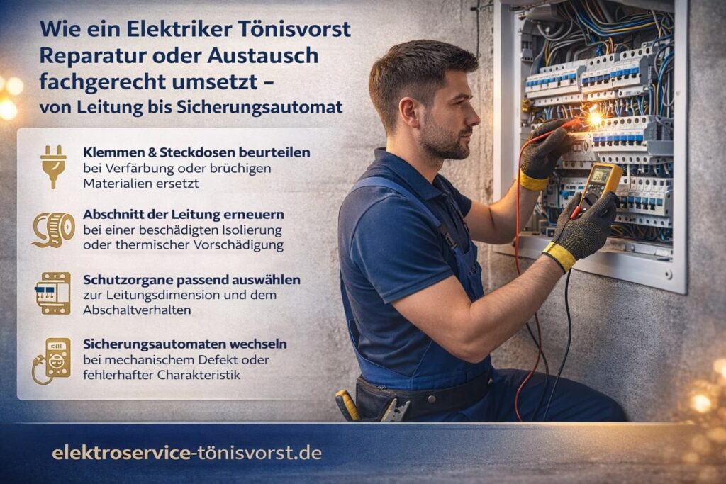 Elektriker in Tönisvorst repariert Sicherungskasten fachgerecht – Prüfung von Leitungen, Steckdosen und Sicherungsautomaten