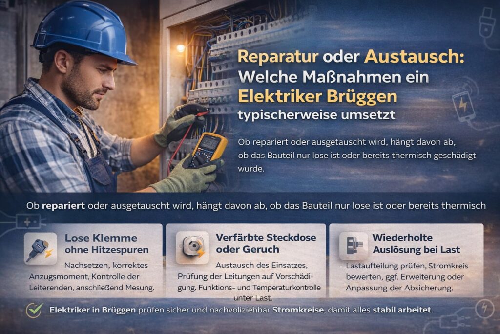 Elektriker prüft Sicherungskasten in Düsseldorf – Reparatur oder Austausch von Steckdosen und Stromkreisen