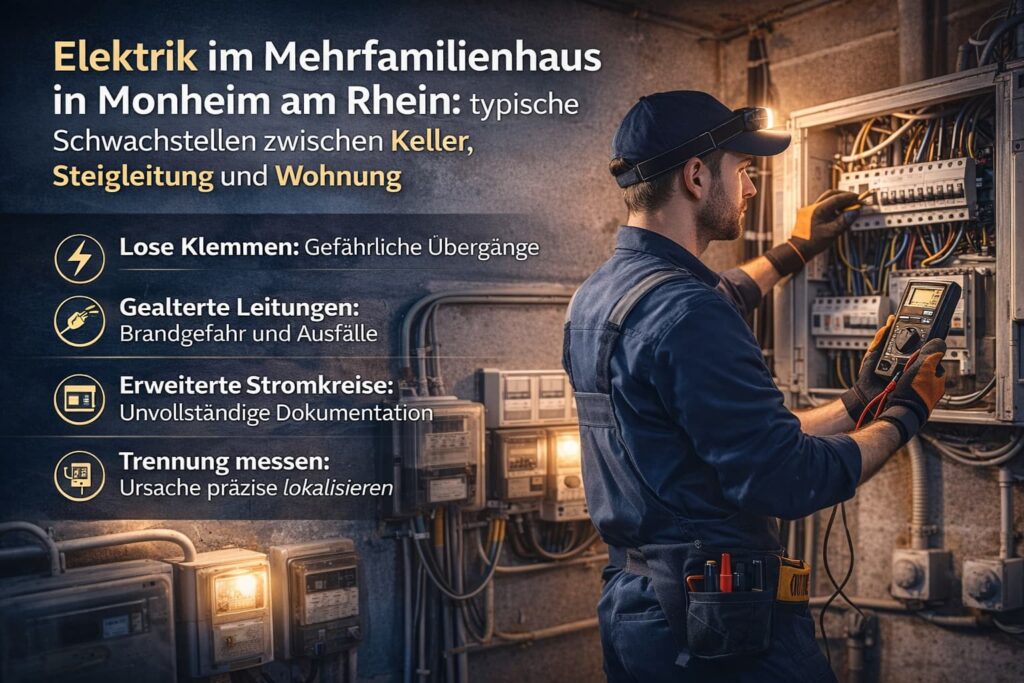 Elektriker prüft Sicherungskasten im Mehrfamilienhaus in Monheim am Rhein und behebt elektrische Störungen zwischen Keller, Steigleitung und Wohnung