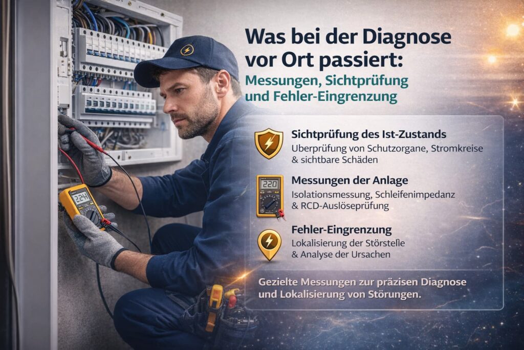 Elektriker in Düsseldorf führt präzise Messungen und Fehlerdiagnose an einem Schaltschrank durch