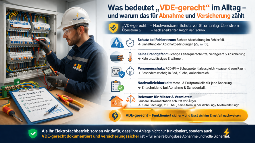 Elektriker prüft Sicherungskasten nach VDE-Norm – sichere Elektroinstallation und Dokumentation für Abnahme und Versicherung