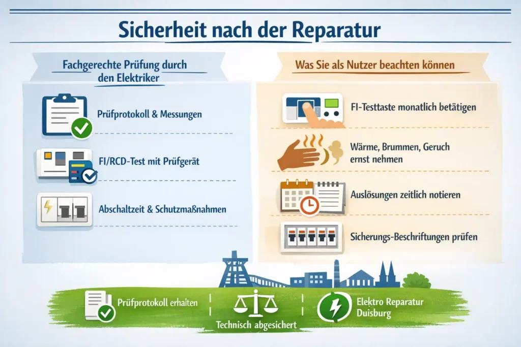 Sicherheit nach der Reparatur: Prüfprotokoll, FI/RCD-Test und was Sie als Nutzer kontrollieren können
